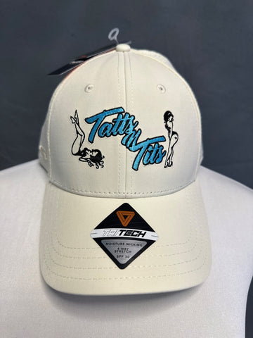 Custom Creme hat with Blue Tatts N Tits Logo