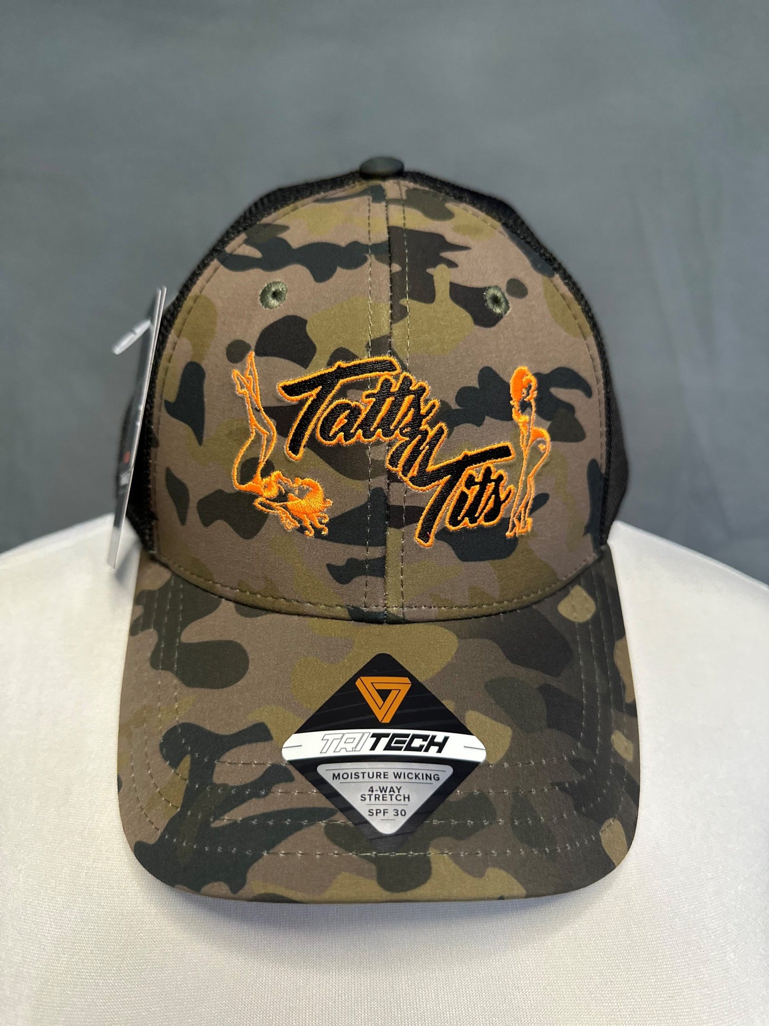 Custom Dark Camo Hat with Orange Tatts N Tits Logo